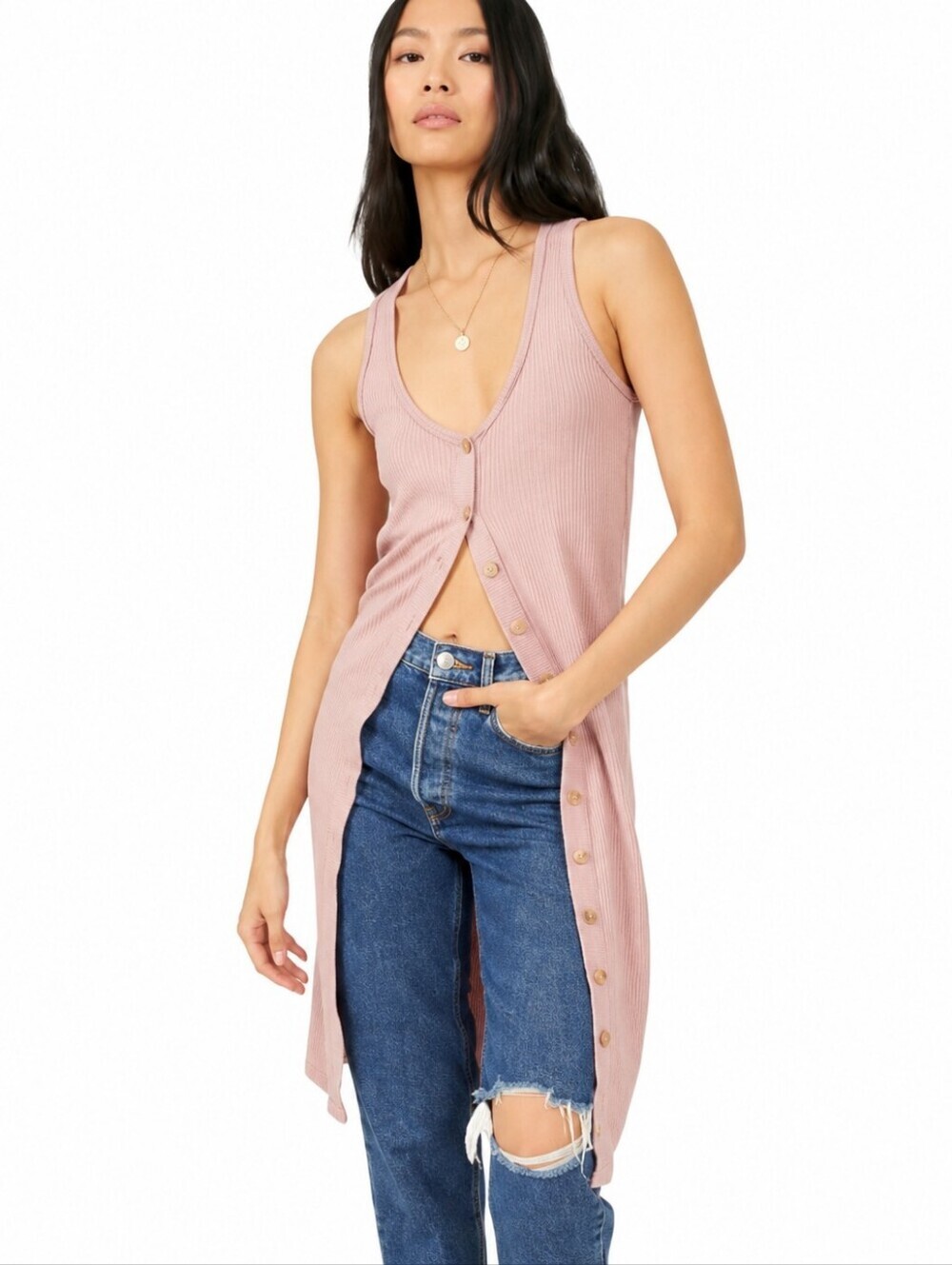 Free People We The Free Gia Longline Ribbed Button Up Vest Tank Top NWT XS